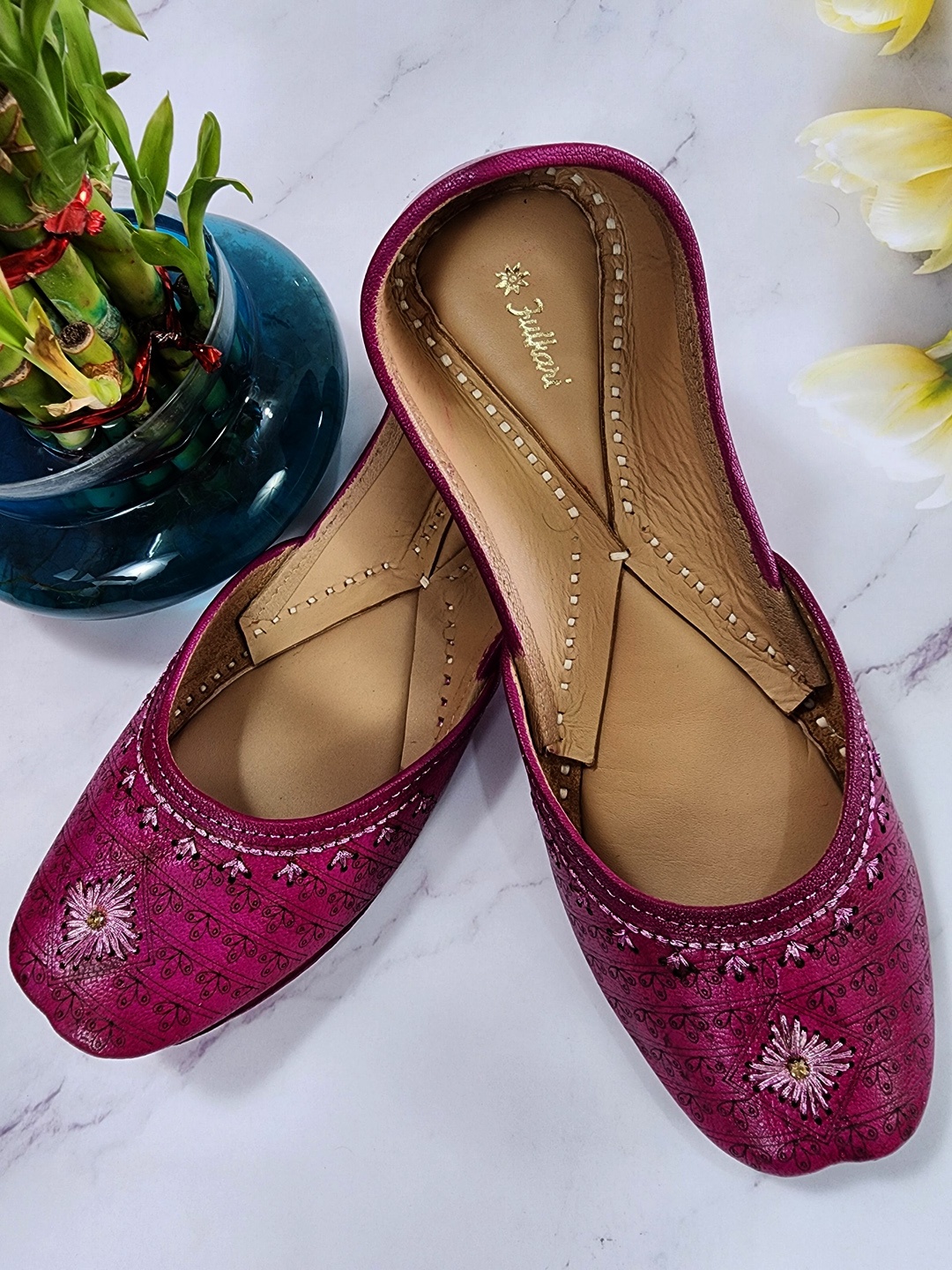 

Fulkari Women Embroidered Leather Ethnic Mojaris Flats, Magenta