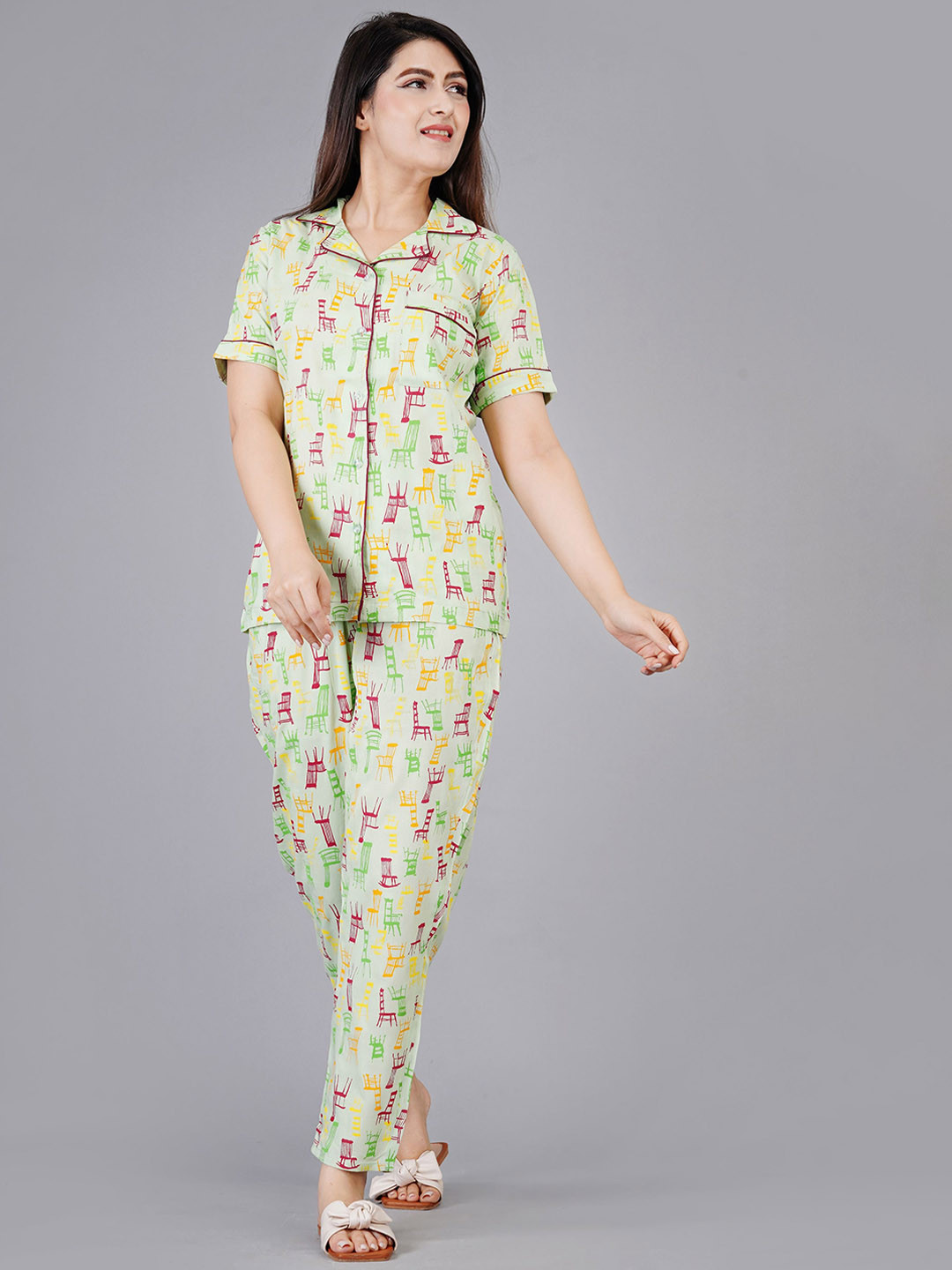 

ao services Floral Printed Shirt With Pyjamas, Green