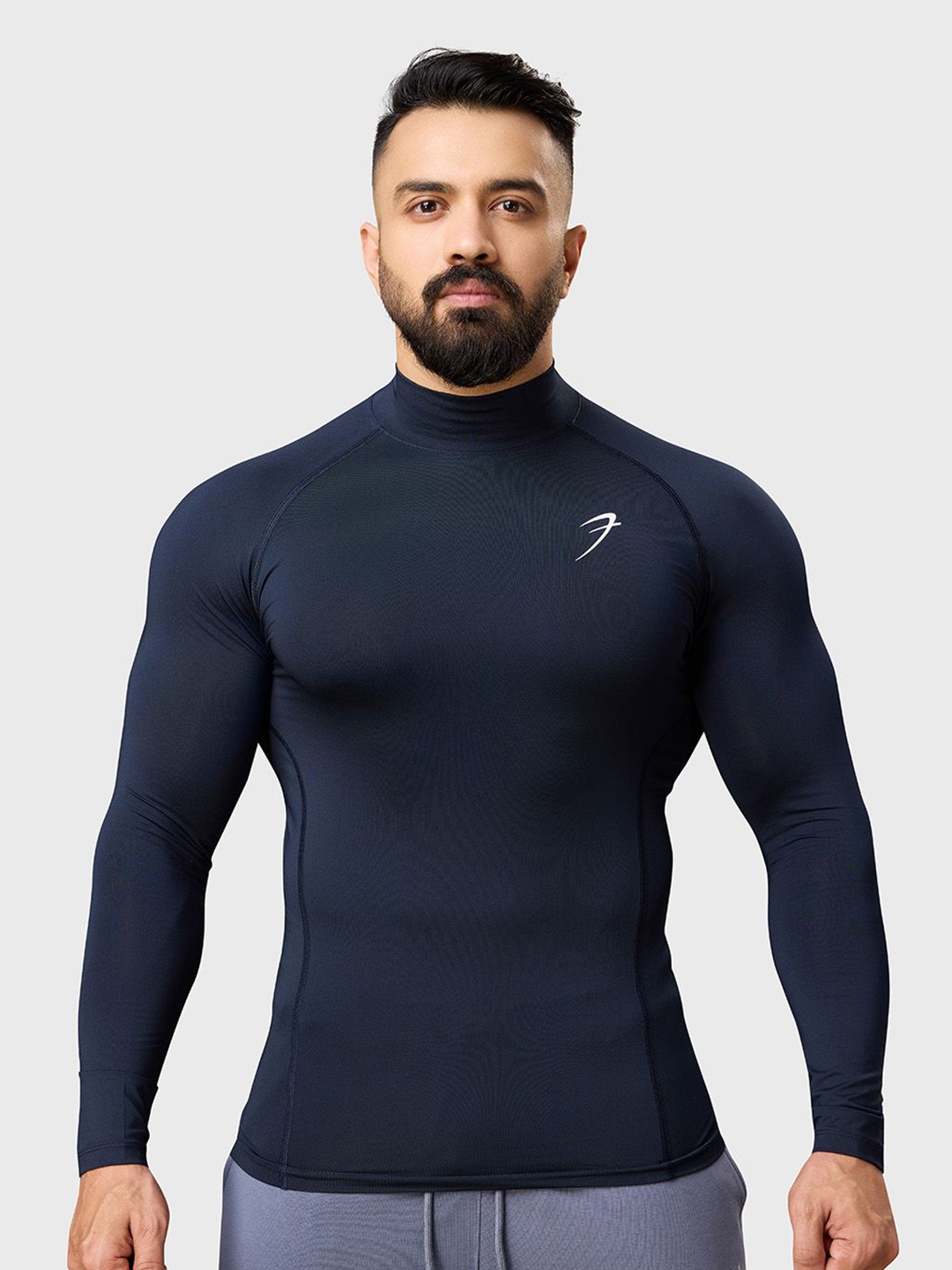 

FUAARK Men Stretchex High Neck Solid Compression T-shirt, Navy blue