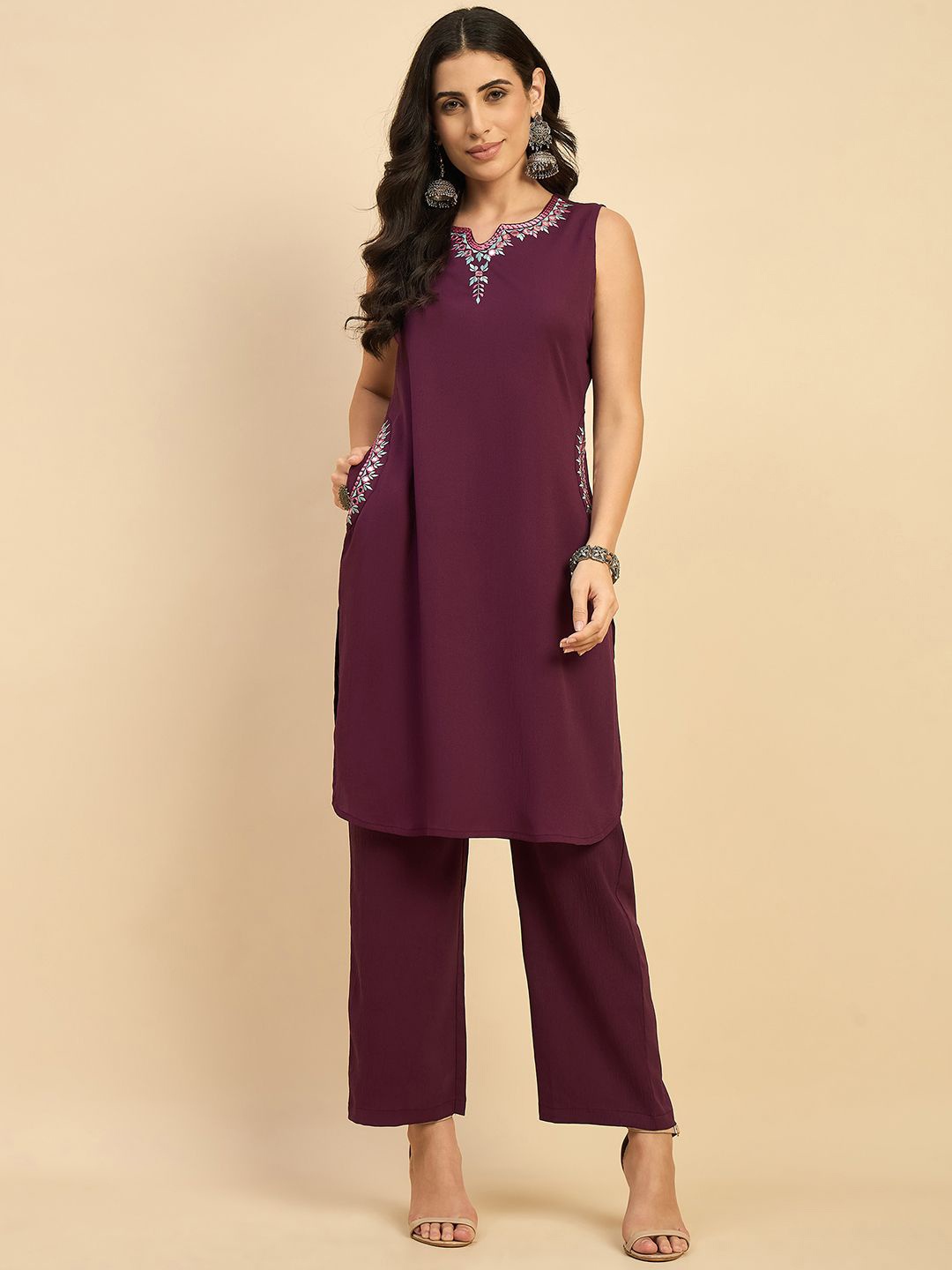 

Azira Notched Neck Thread Work Straight Kurta With Palazzos, Purple