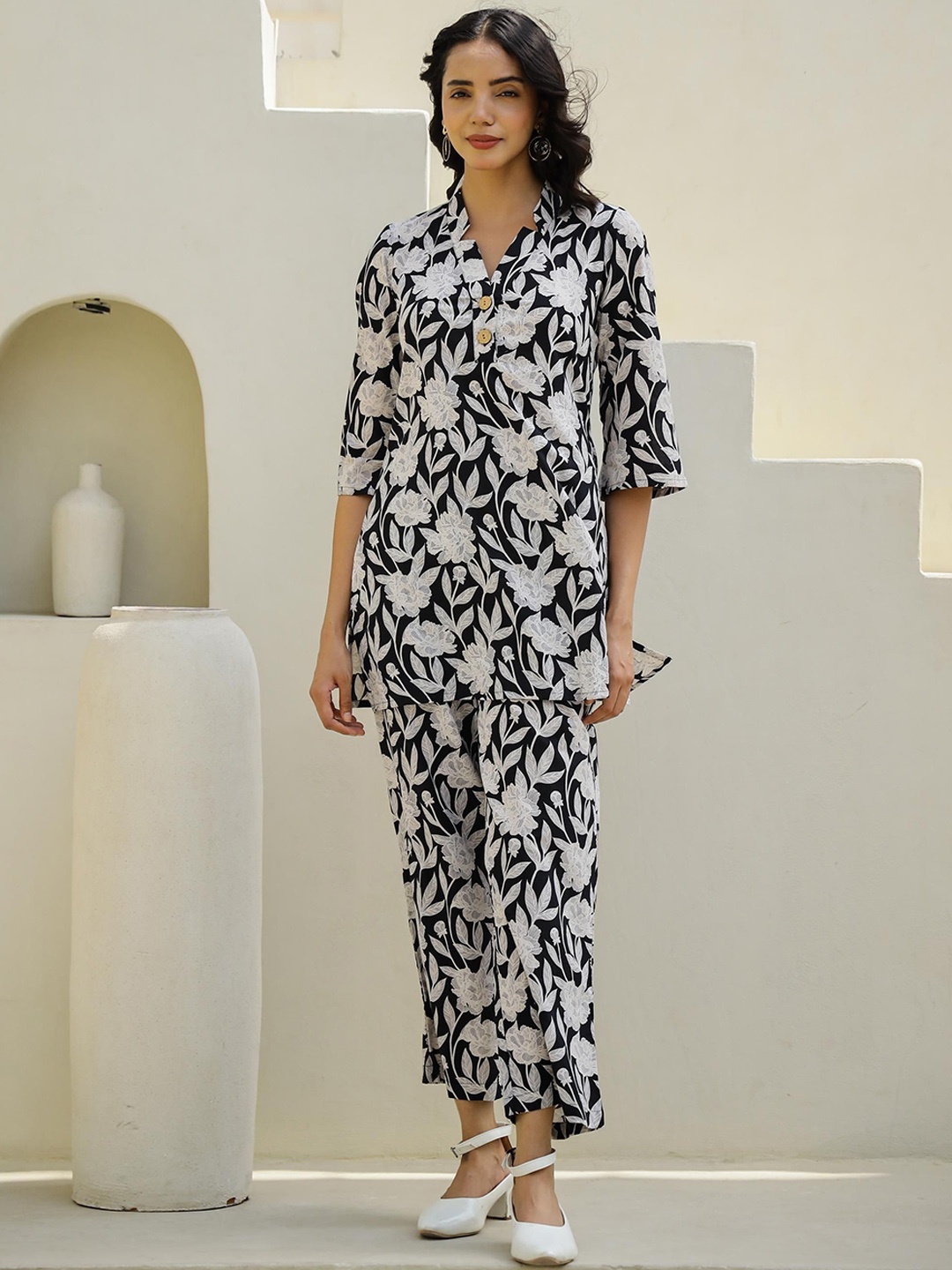 

FLAVIA CREATION Floral Printed Pure Cotton Tunic With Trousers, White