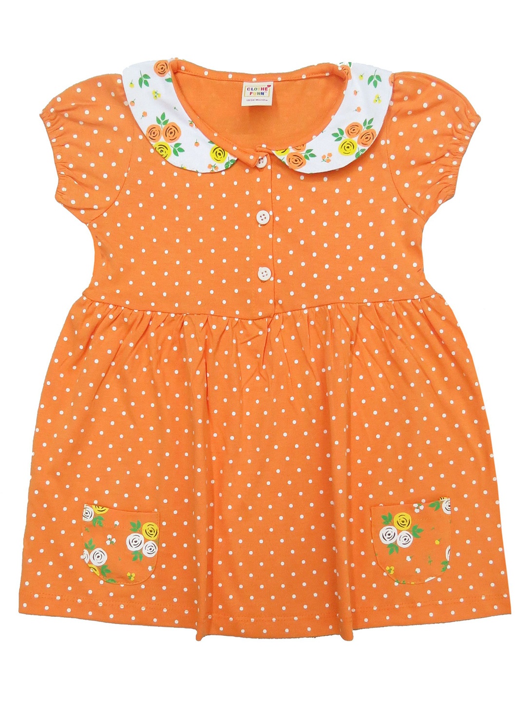 

Clothe Funn Girls Polka Dot Printed Peter Pan Collar Puff Sleeve Fit and Flare Dress, Orange