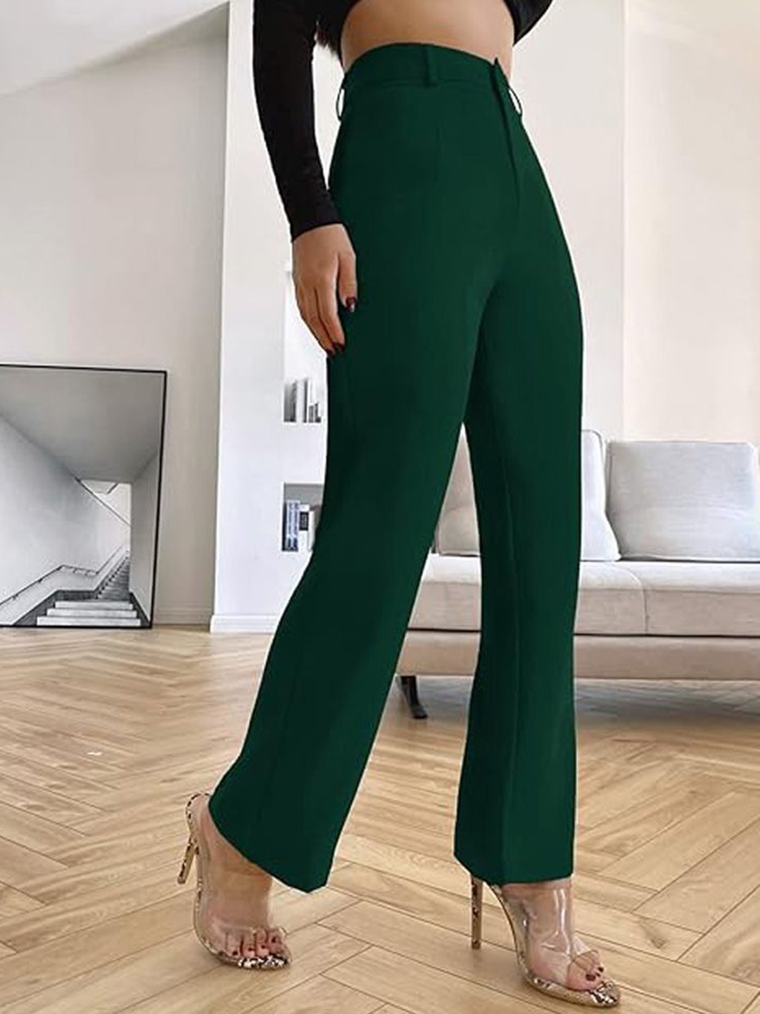 

BAESD Women Relaxed Straight Leg Straight Fit High-Rise Trousers, Green