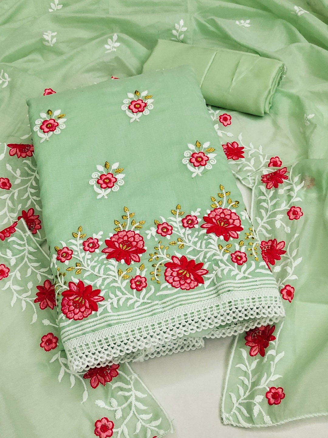 

LeeliPeeri Designer Floral Embroidered Chanderi Cotton Unstitched Dress Material, Green