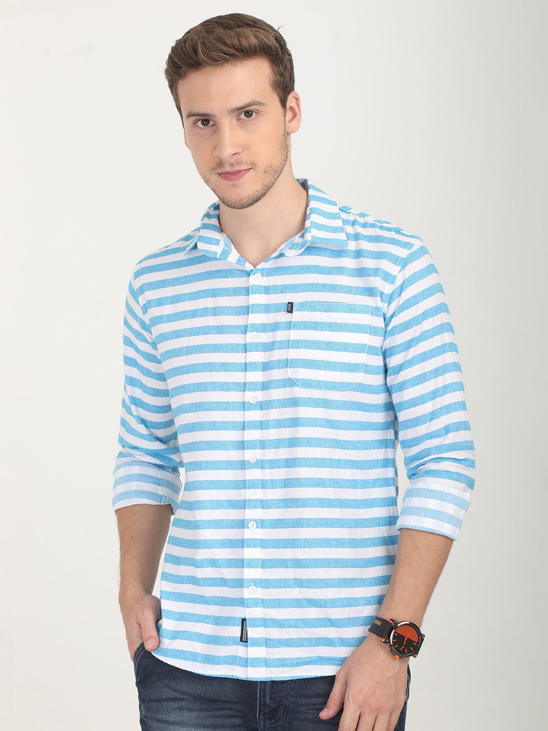 

Rope Men Standard Spread Collar Horizontal Striped Cotton Slim Fit Casual Shirt, Turquoise blue
