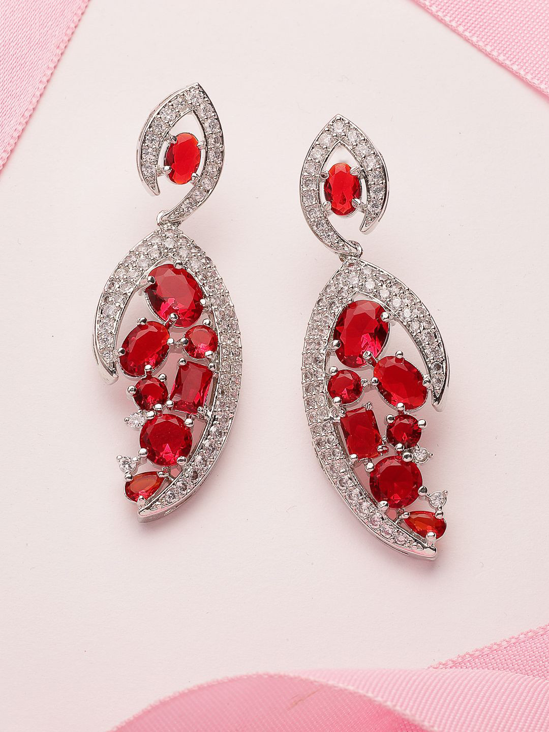 

ADIVA Silver-Plated AD Studded Leaf Shaped Drop Earrings
