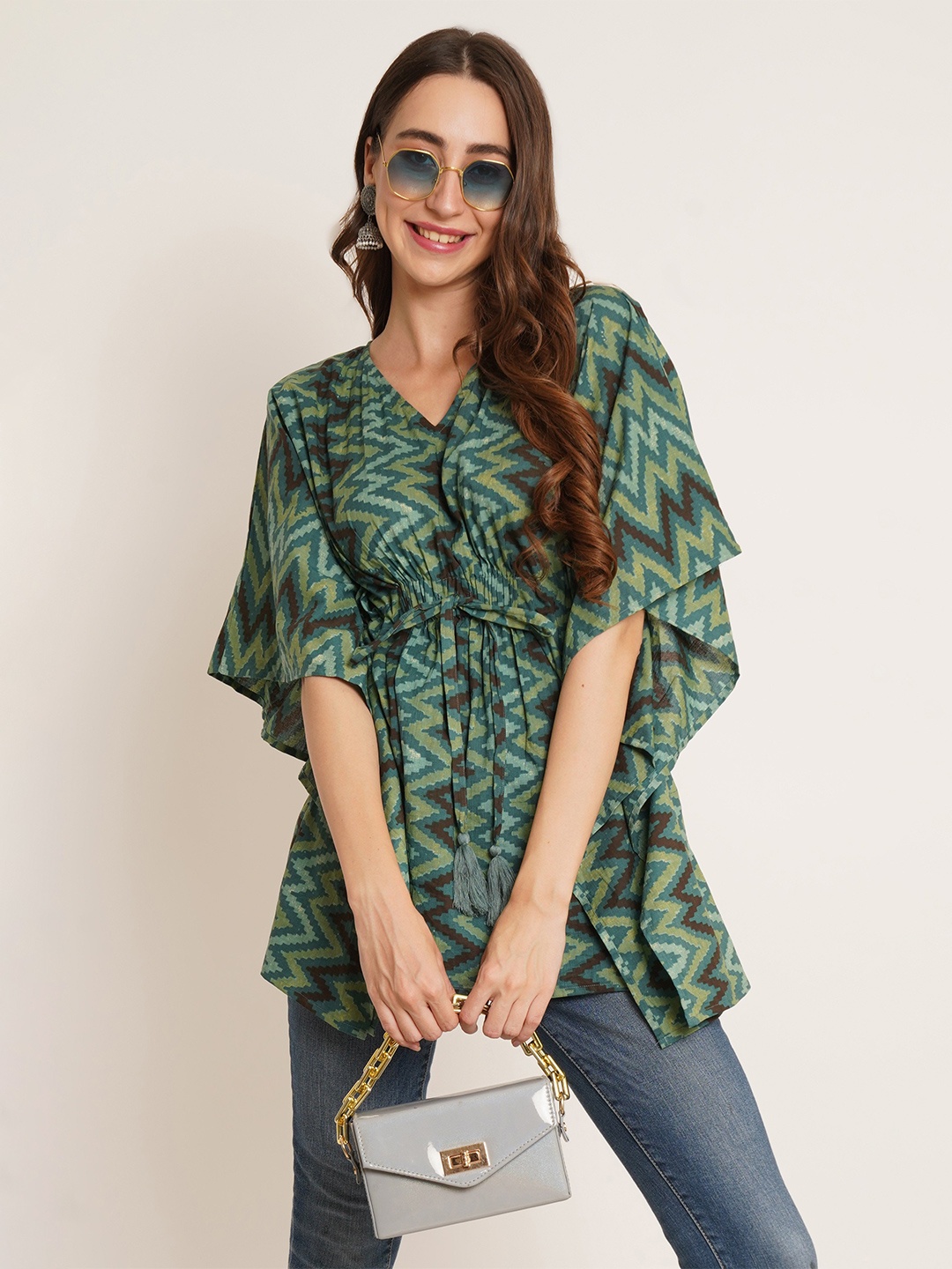 

COTLAND FASHION Women Abstract Printed V-Neck Pure Cotton Top, Green