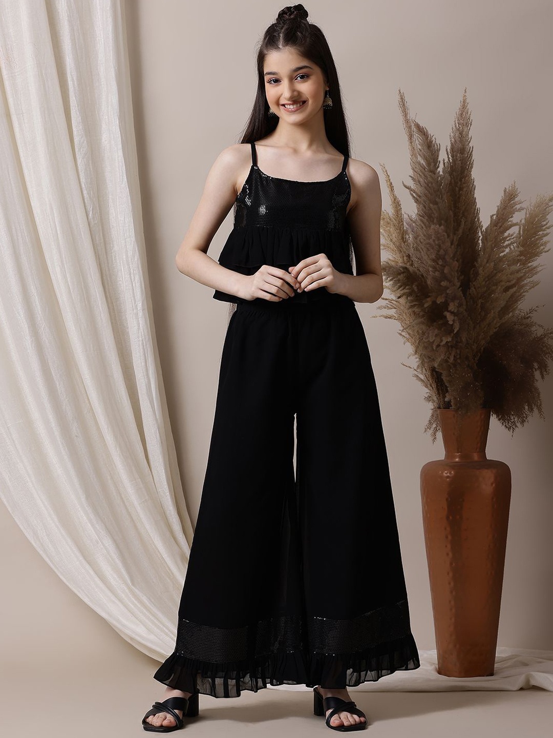 

Inddus Girls Embellished Top With Palazzos, Black