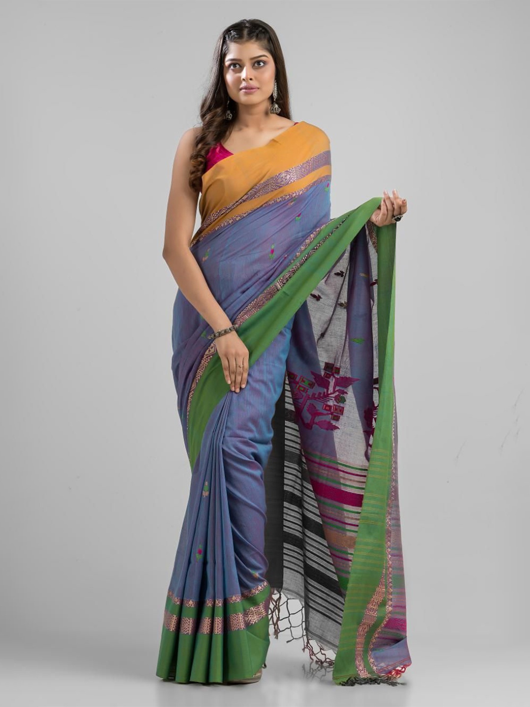 

SAJASAJO Woven Design Ethnic Motifs Pure Cotton Saree, Blue