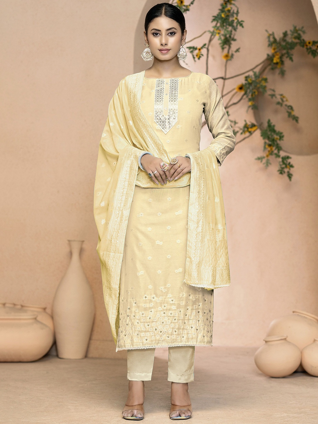 

MANVAA Floral Embroidered Zari Unstitched Dress Material, Beige