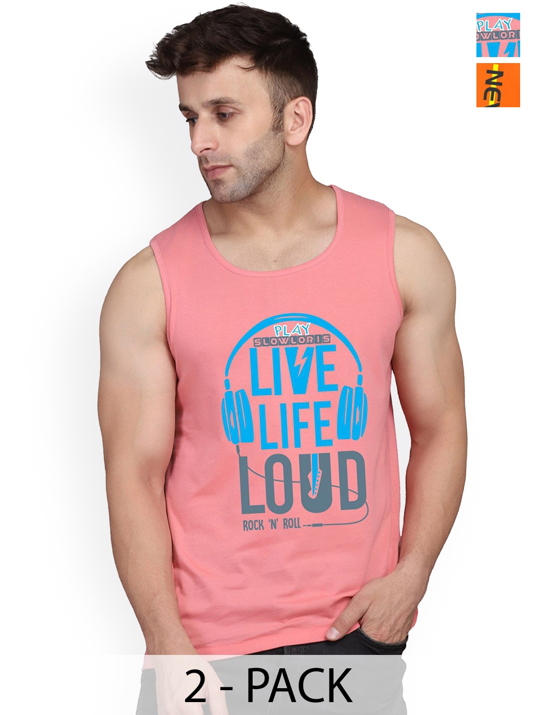 

SLOWLORIS Pack Of 2 Printed Gym Vests, Peach