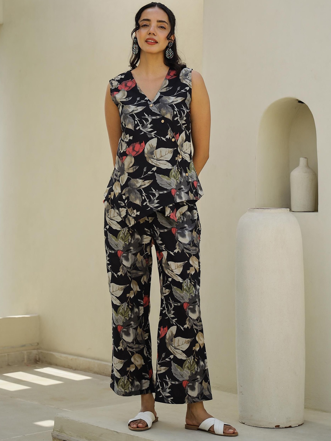 

FLAVIA CREATION Printed Pure Cotton Tunic With Trouser, Black