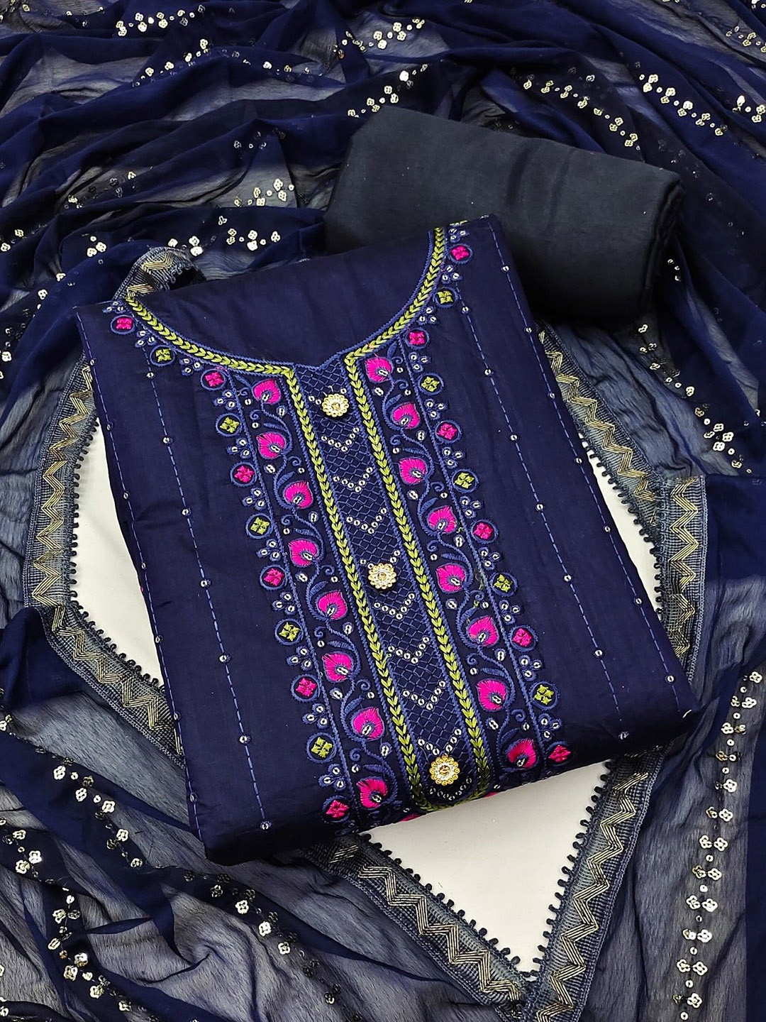 

LeeliPeeri Designer Floral Embroidered Sequinned Chanderi Cotton Unstitched Dress Material, Navy blue