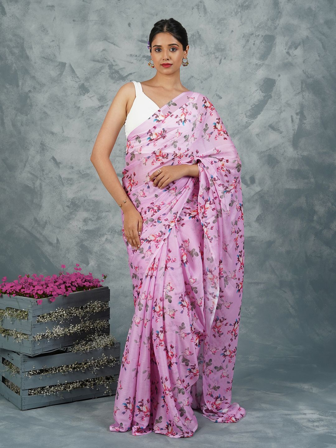 

TEEJH Floral Poly Chiffon Saree, Pink