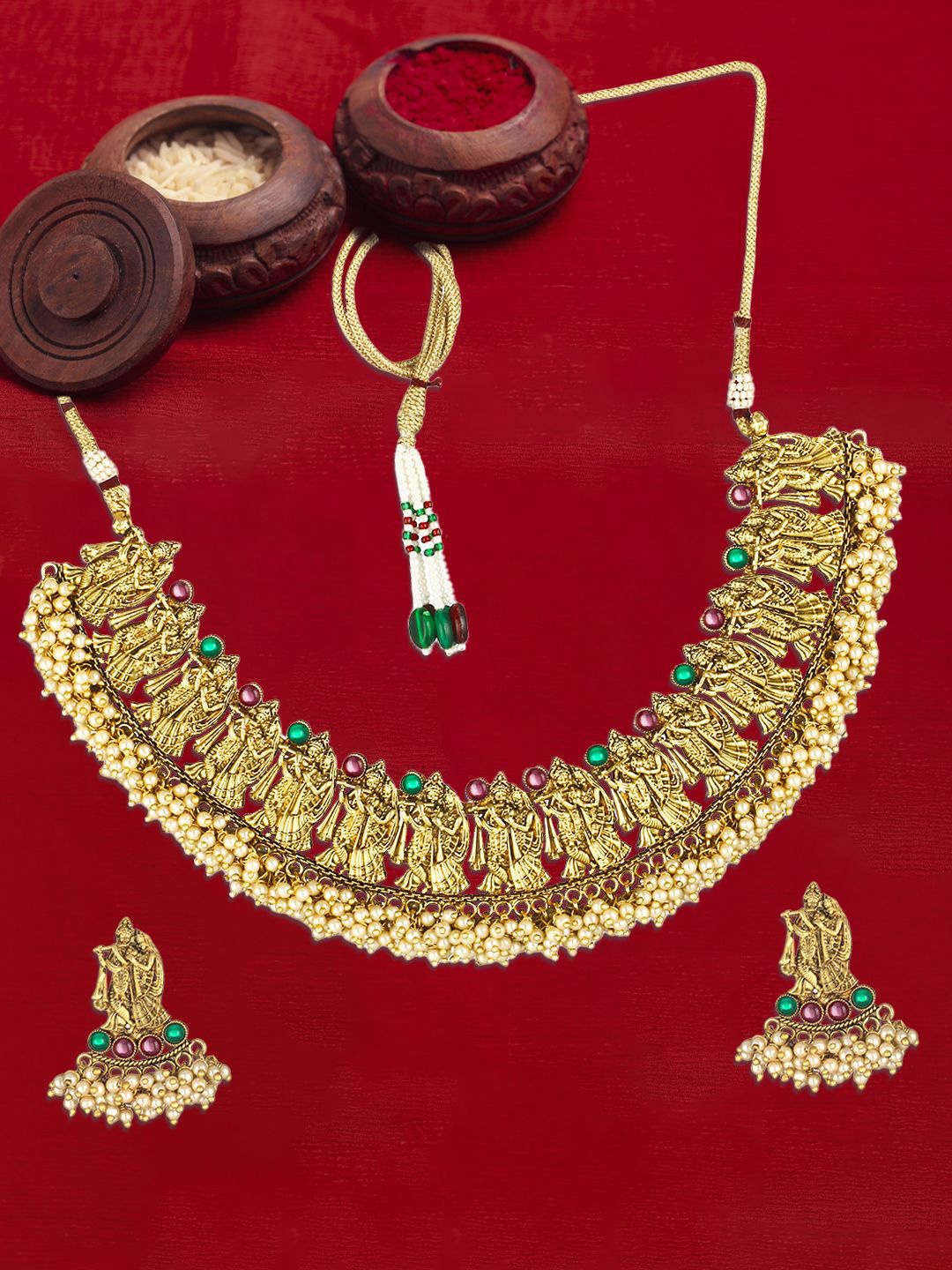 

Adwitiya Collection Gold-Plated Stones-Studded & Beaded Necklace and Earrings