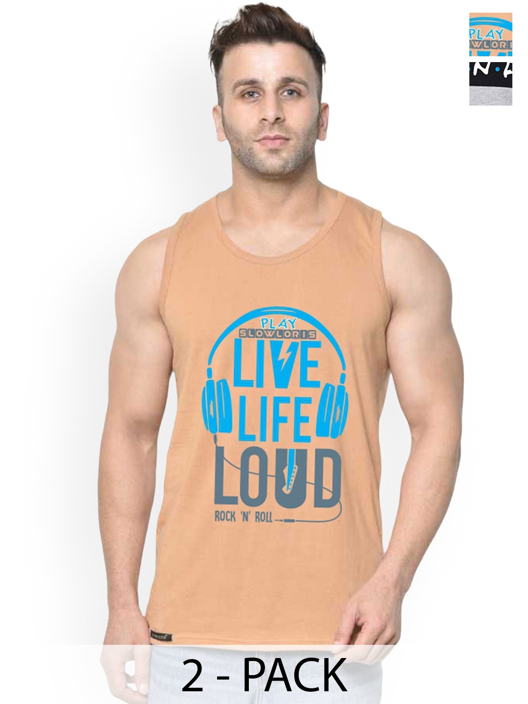 

SLOWLORIS Pack Of 2 Printed Men Gym Vests, Rust