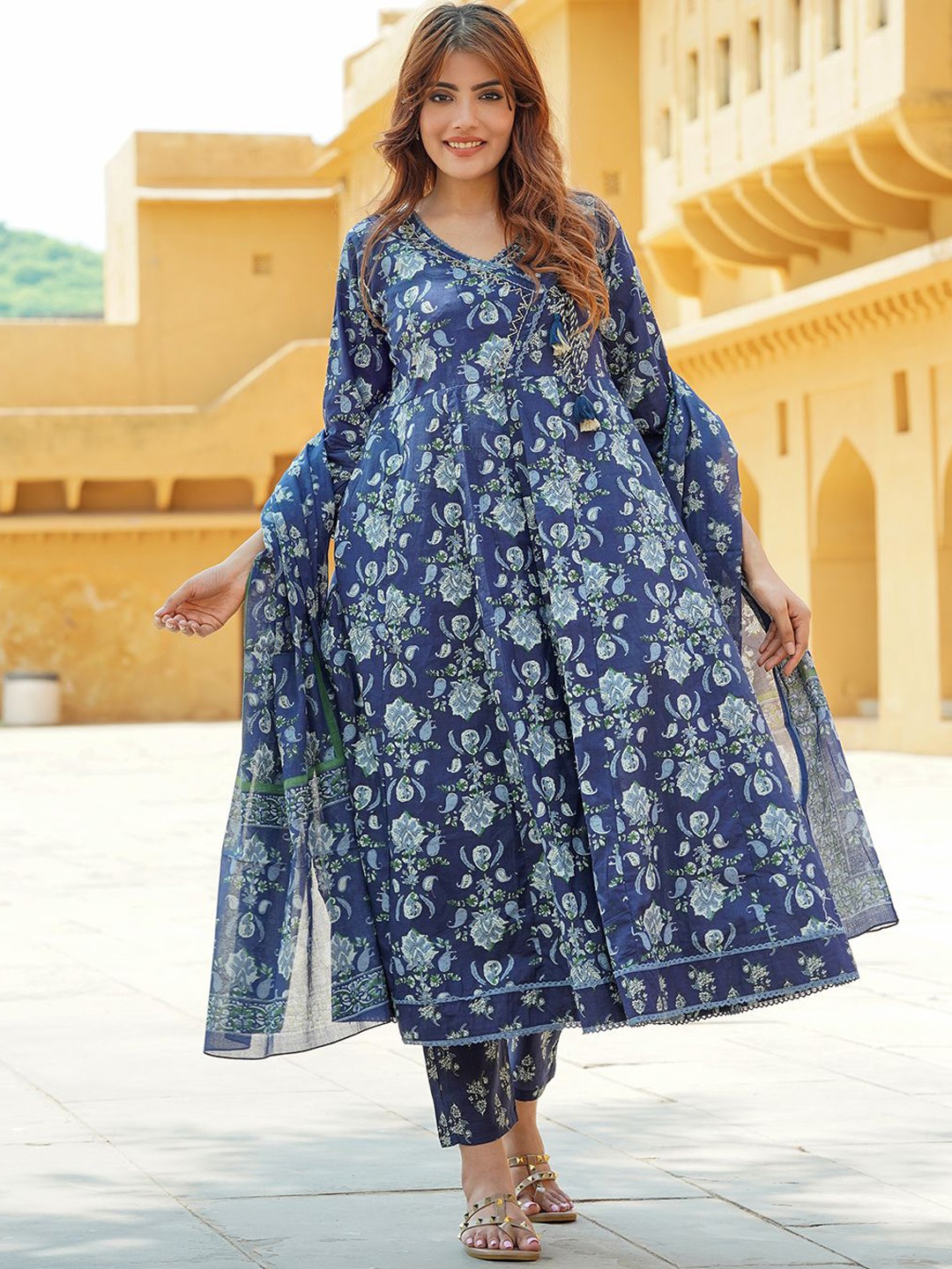 

KALINI Floral Printed V-Neck Angrakha Pure Cotton Anarkali Kurta With Trousers & Dupatta, Navy blue