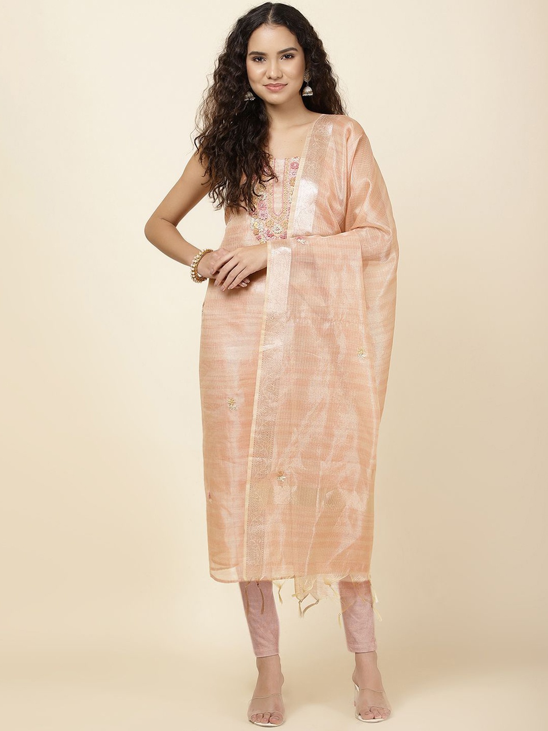 

Meena Bazaar Floral Embroidered Sequinned Chanderi Unstitched Dress Material, Peach