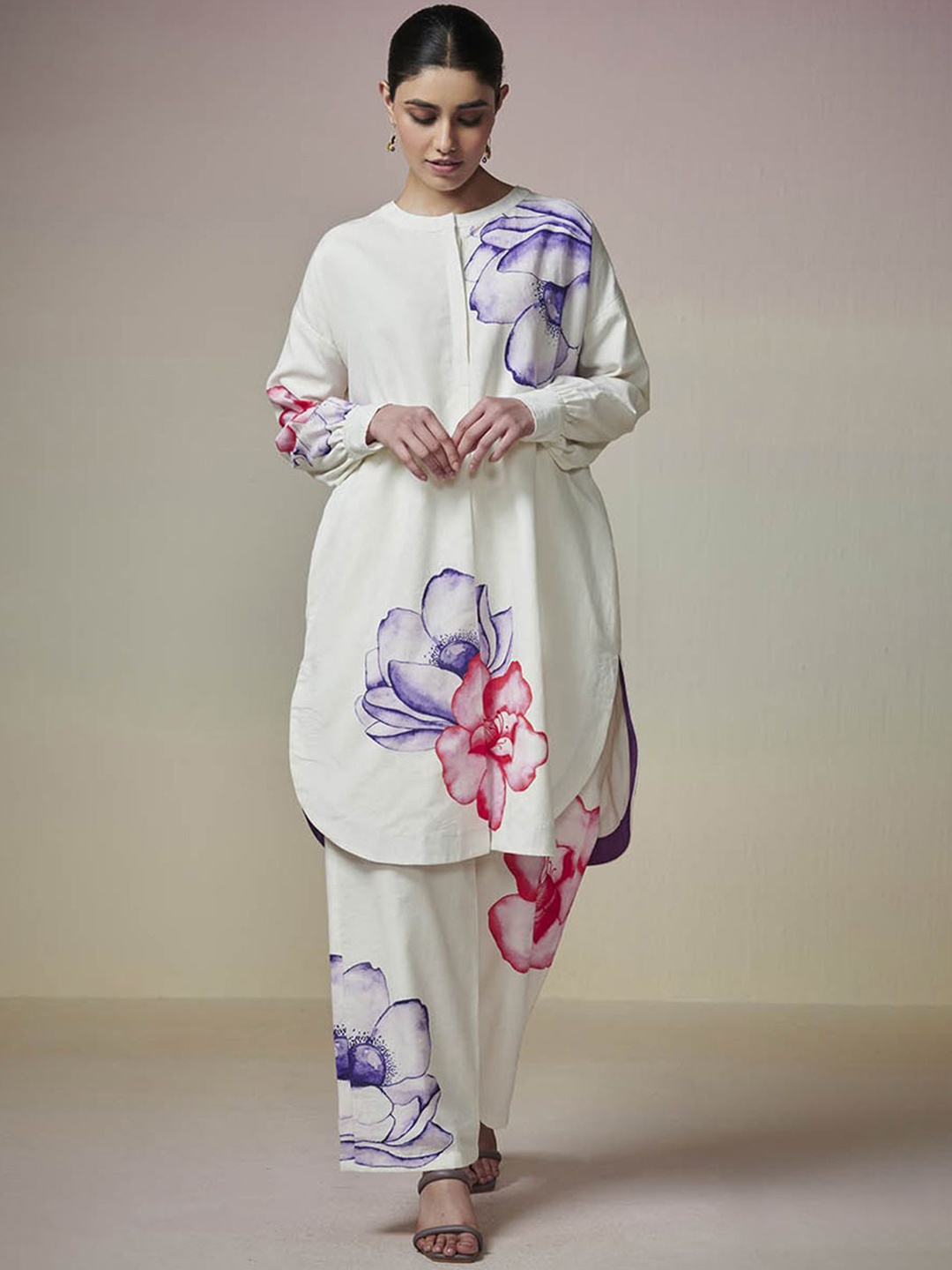 

Dressfolk Lily Printed Round Neck Tunic With Trousers, Off white