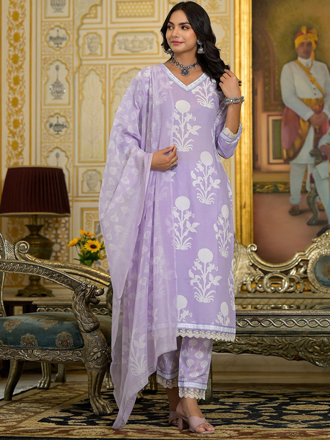 

KALINI Floral Printed Straight Kurta with Trousers & Dupatta, Purple