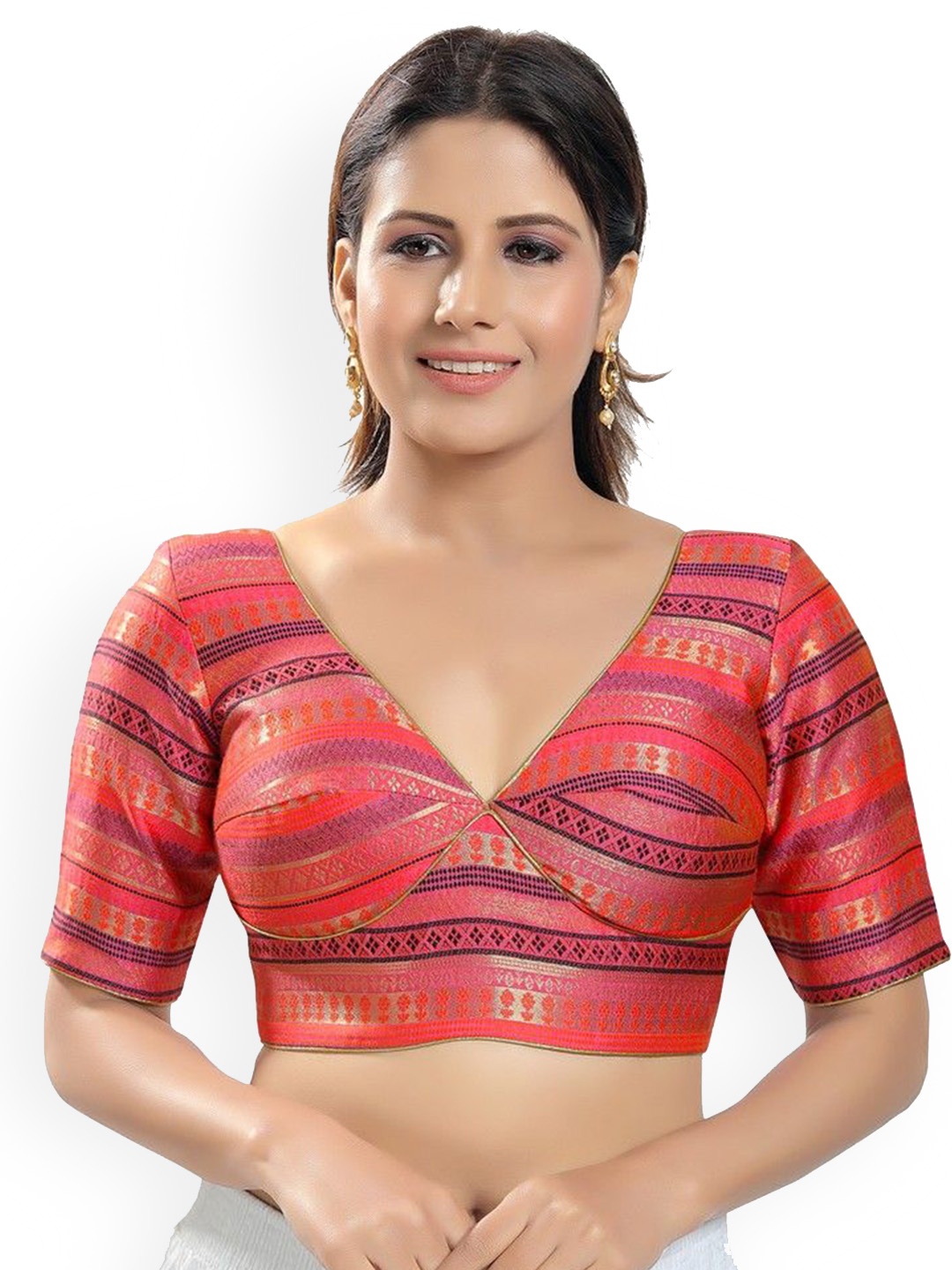 

Mmore Woven Design Saree Blouse, Peach