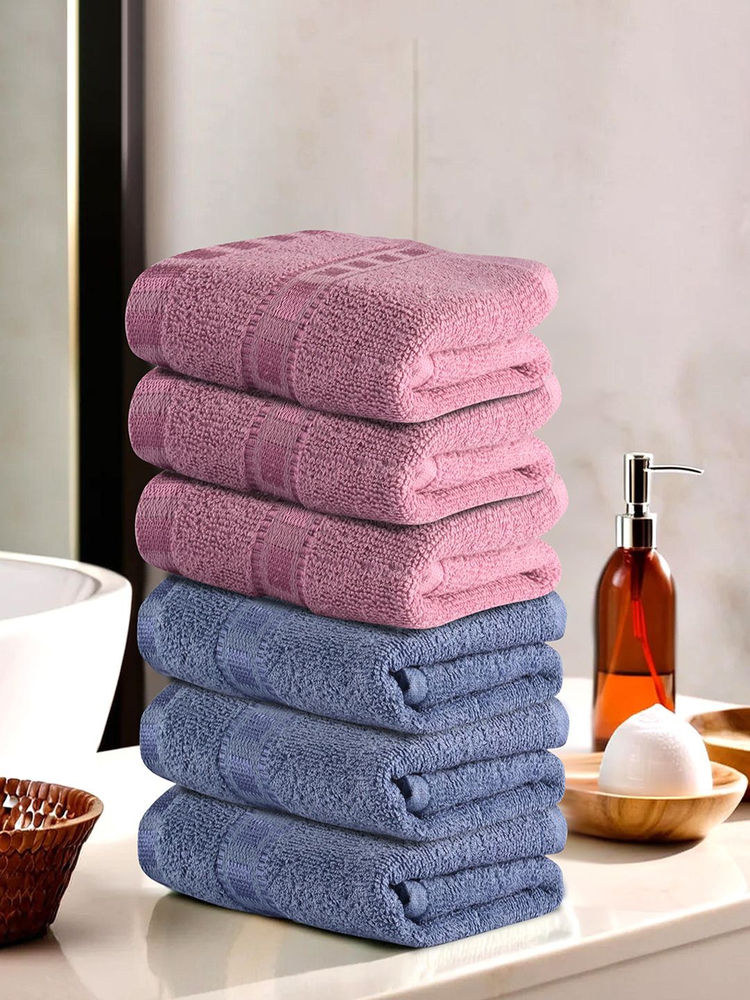 

Kuber Industries Blue & Pink 6 Pieces Cotton 225 GSM Anti Bacterial Face Towels