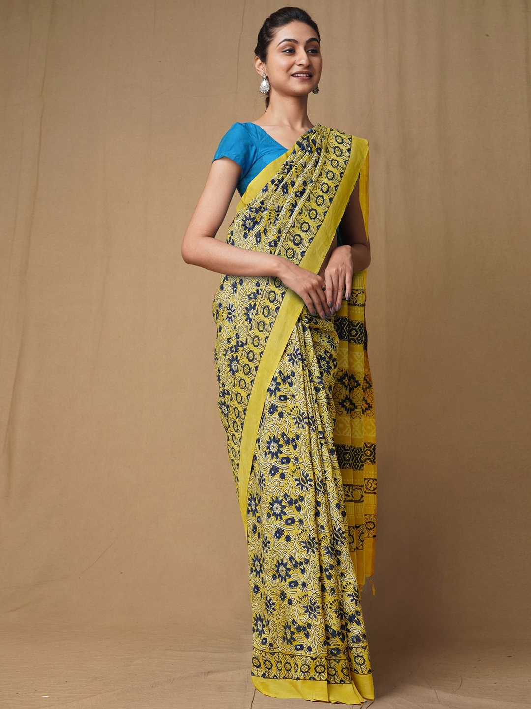 

Unnati Silks Ajrak Block Art Silk Handloom Chanderi Saree, Yellow