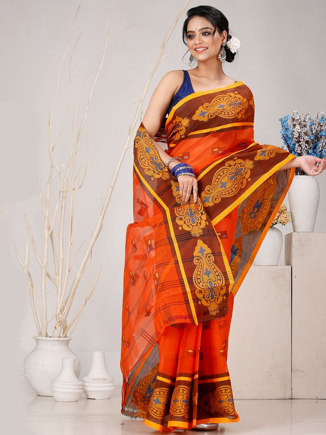 

PuJoy Ethnic Motifs Pure Cotton Taant Saree, Orange