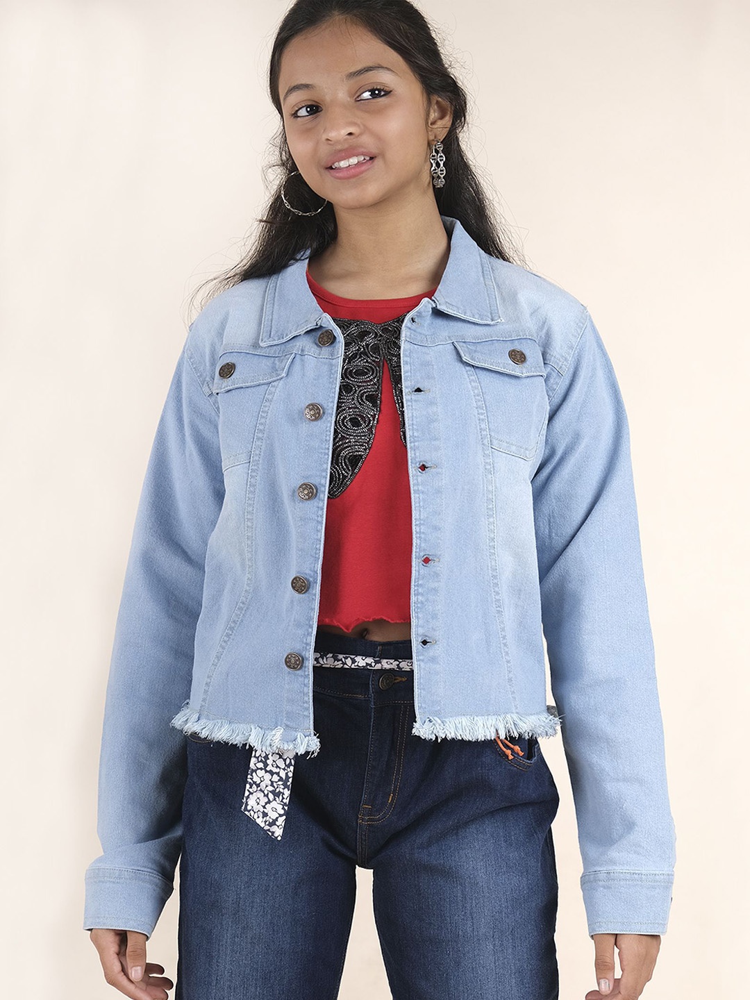 

KiddoPanti Girls Washed Denim Jacket with Patchwork, Blue