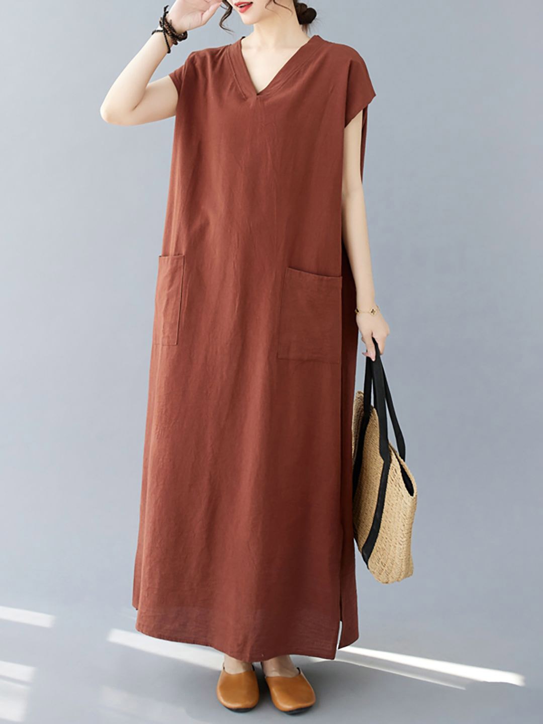

JC Mode V-Neck Short Sleeves A-Line Maxi Dress, Brown