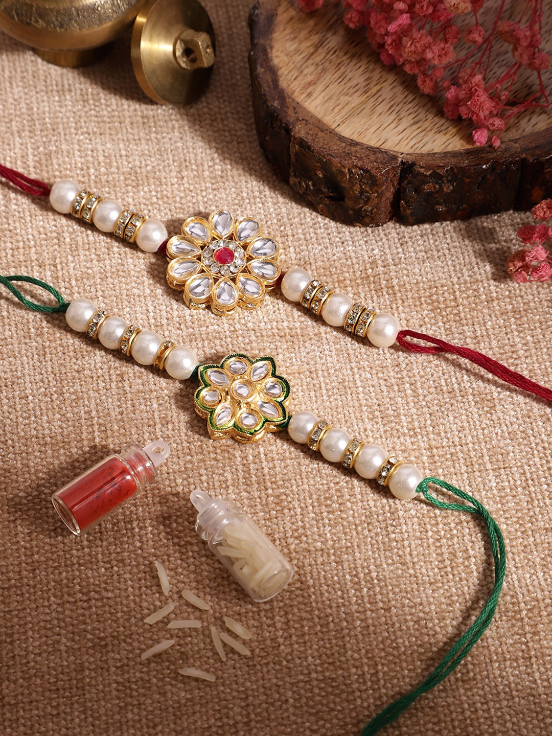 

Anouk Unisex Set of 2 Beaded Bhai Bhabhi Rakhis With Roli & Chawal, Green