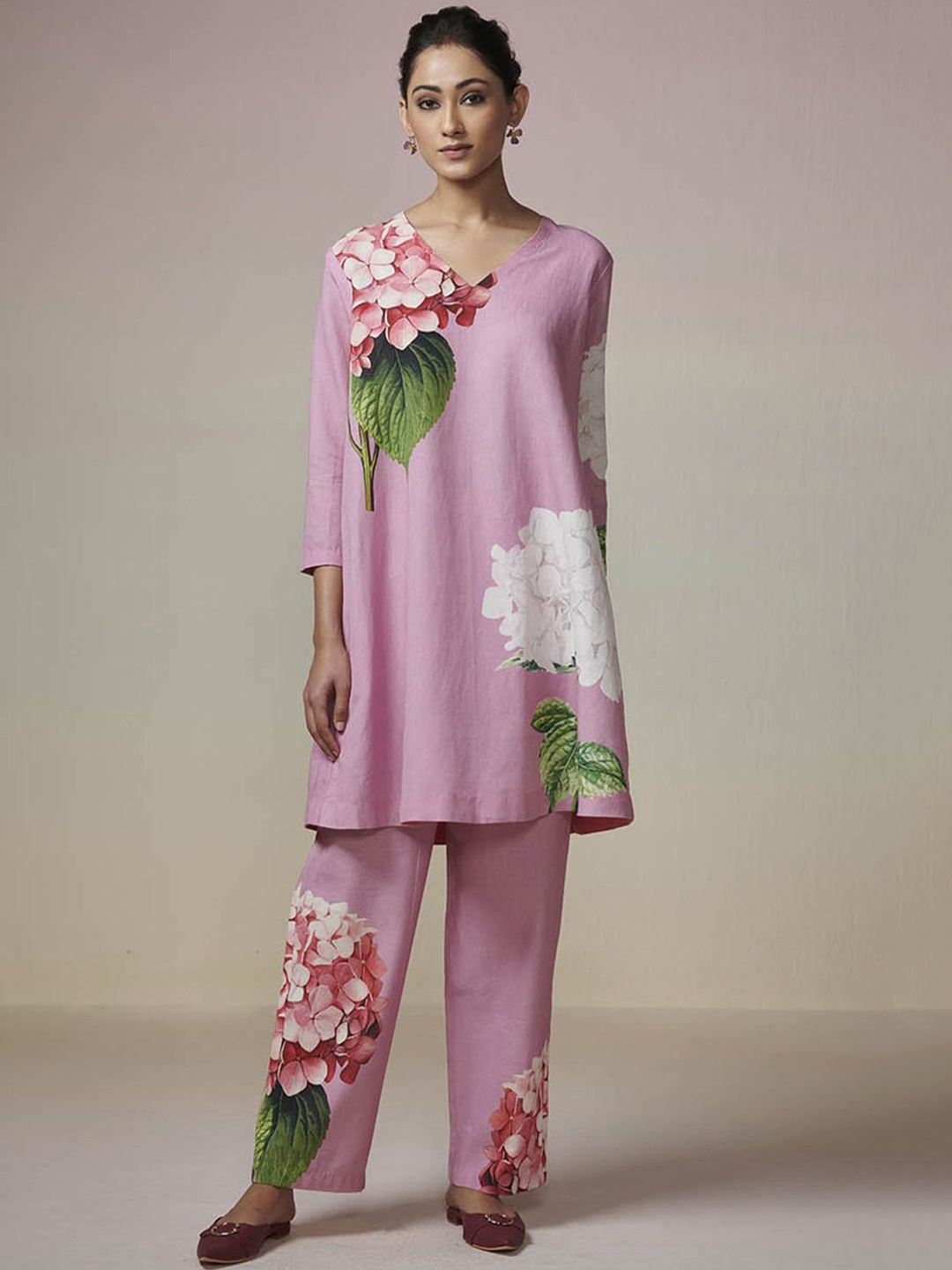 

Dressfolk Floral Printed Linen Cotton Top With Trouser, Pink