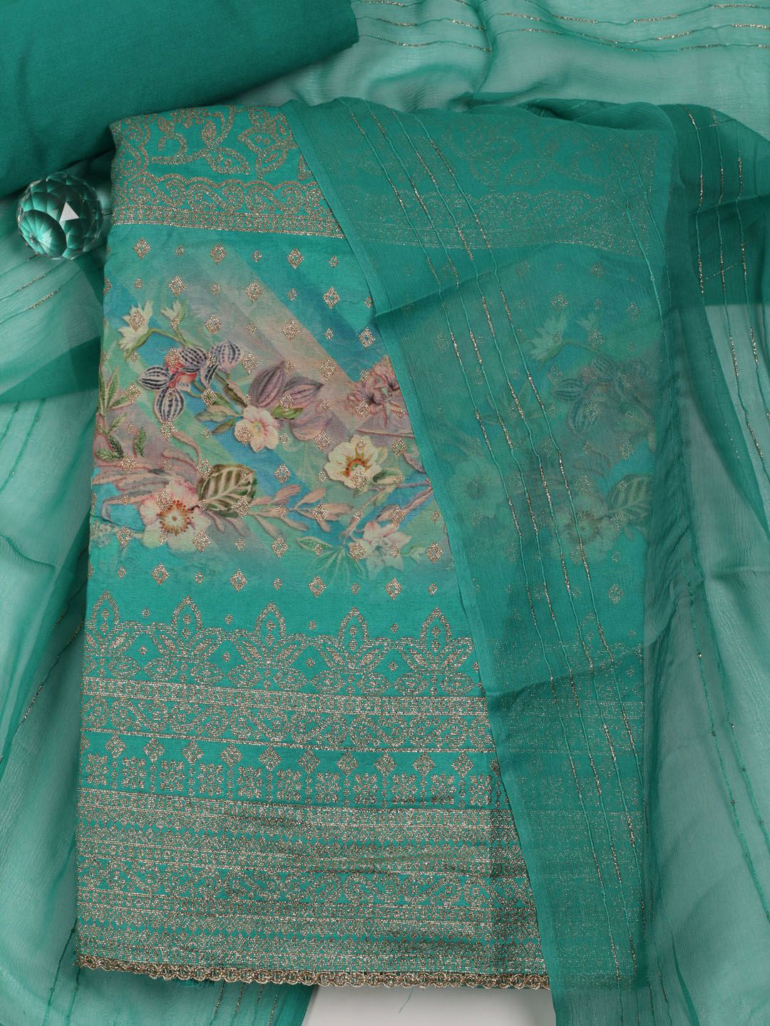 

Meena Bazaar Floral Woven Design Unstitched Dress Material, Sea green