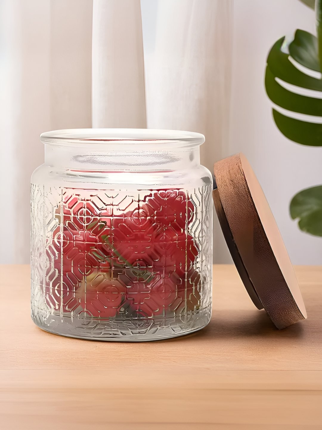 

UMAI Transparent & Brown Textured Glass Container With Wooden Lid