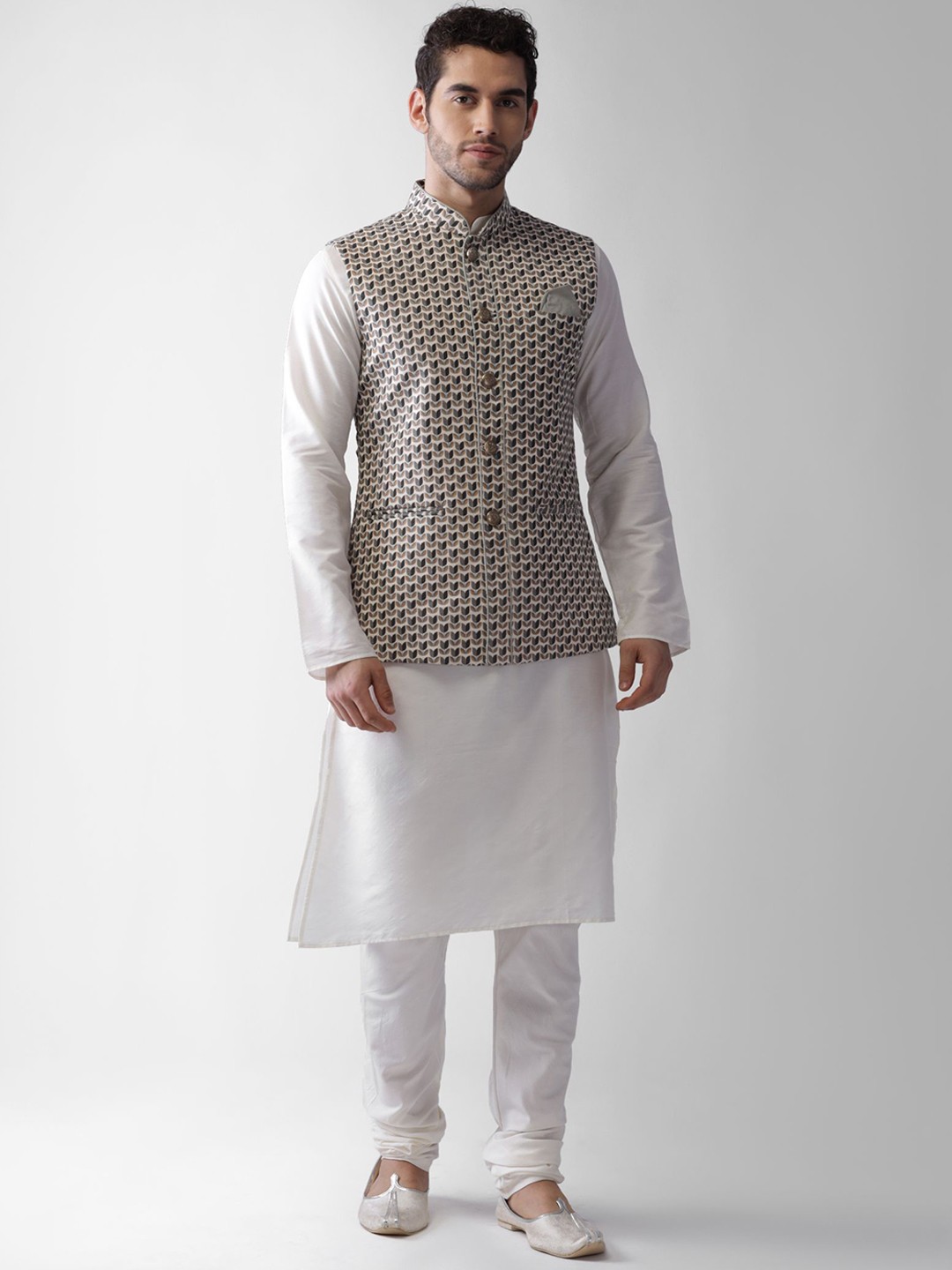

Anouk Floral Printed Mandarin Collar Regular Straight Kurta with Churidar, White