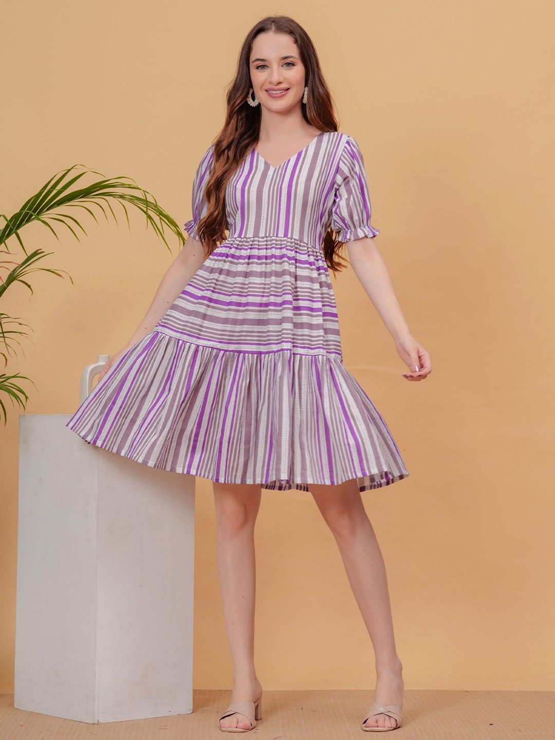 

kipek Striped Fit & Flare Dress, Purple