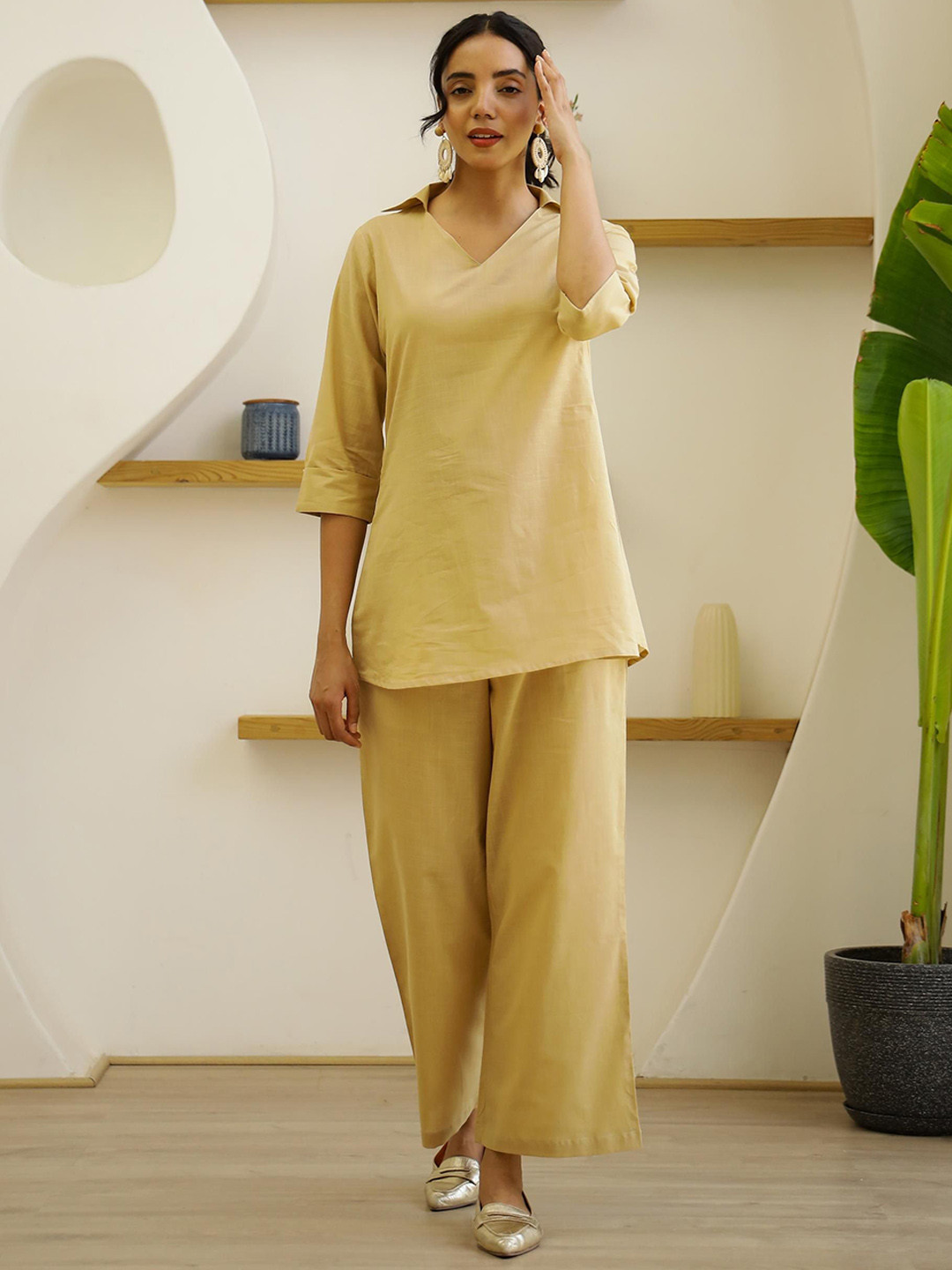 

FLAVIA CREATION Shirt Collar Pure Cotton Tunic With Trousers, Yellow