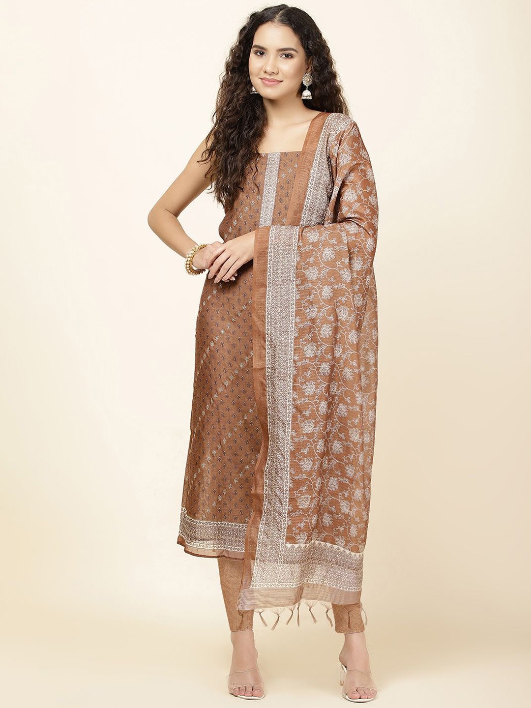 

Meena Bazaar Floral Printed Chanderi Unstitched Dress Material, Brown