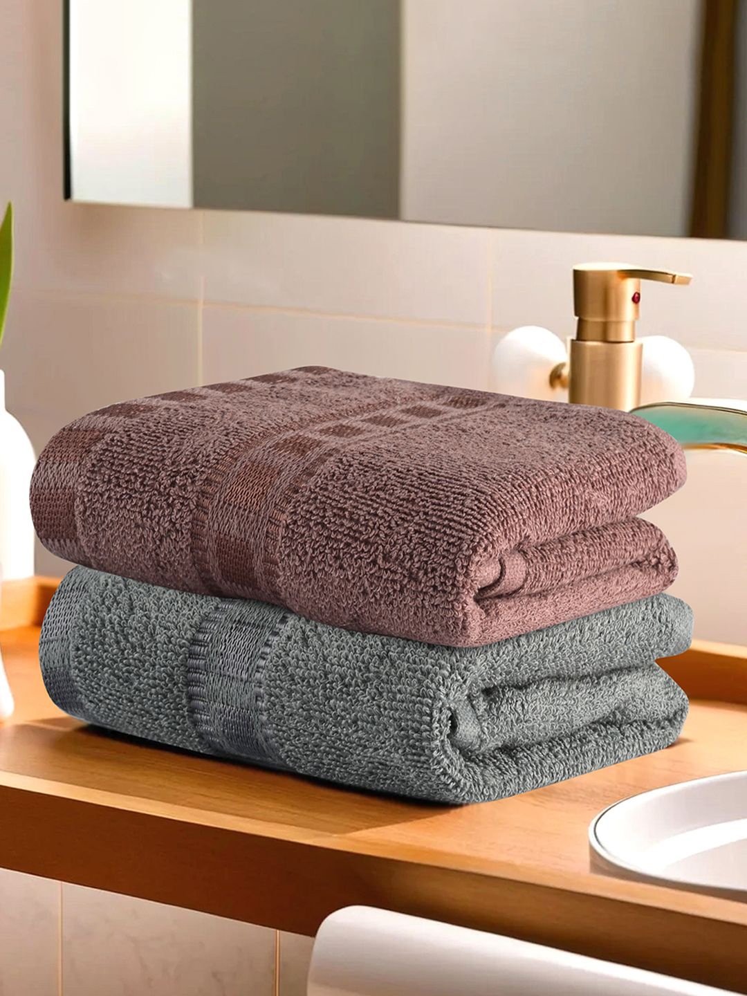 

Kuber Industries Brown & Grey 2 Pieces Highly Absorbent 225 GSM Cotton Face Towels