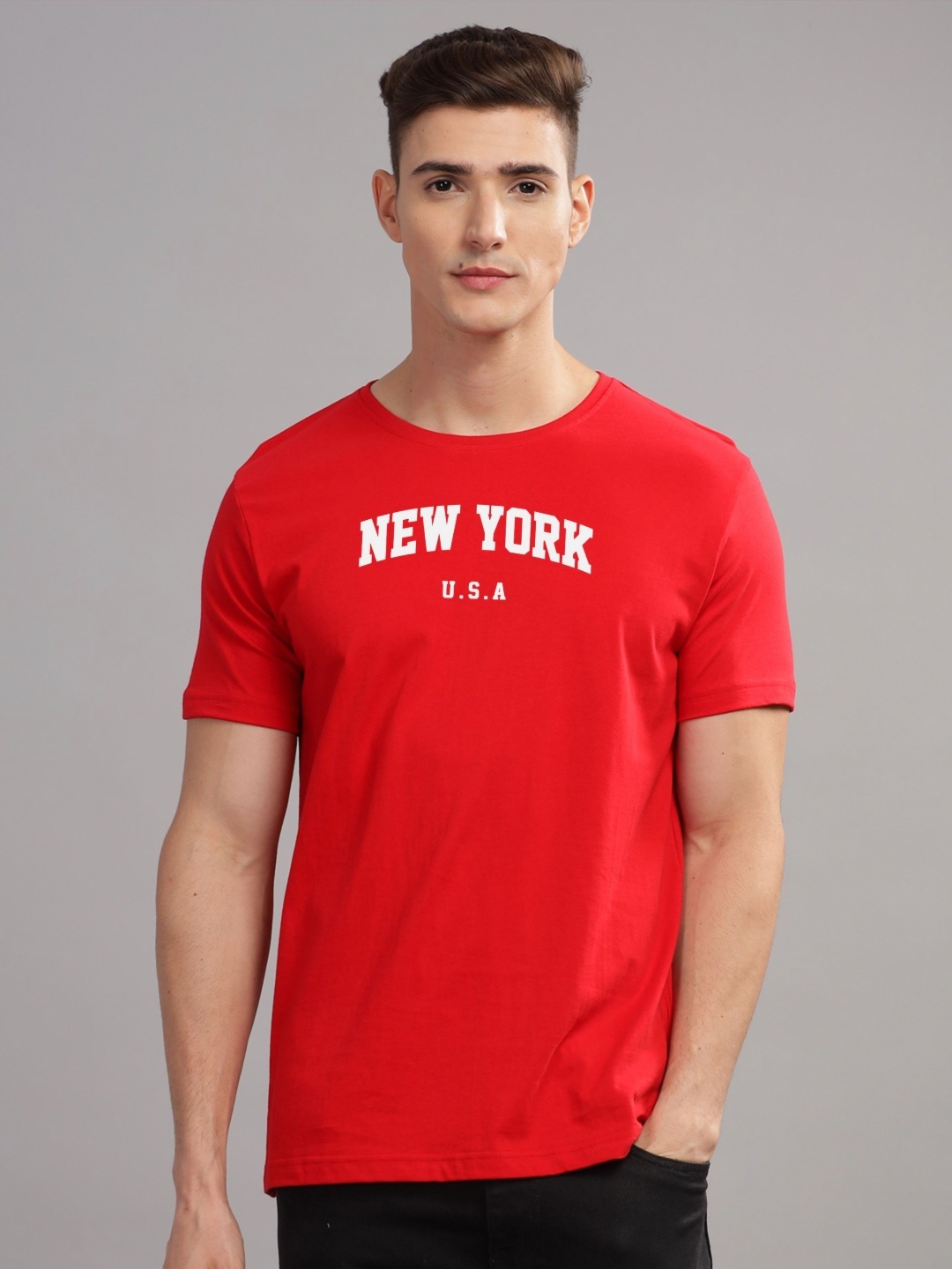 

ADRO Men Typography Printed Applique T-shirt, Red