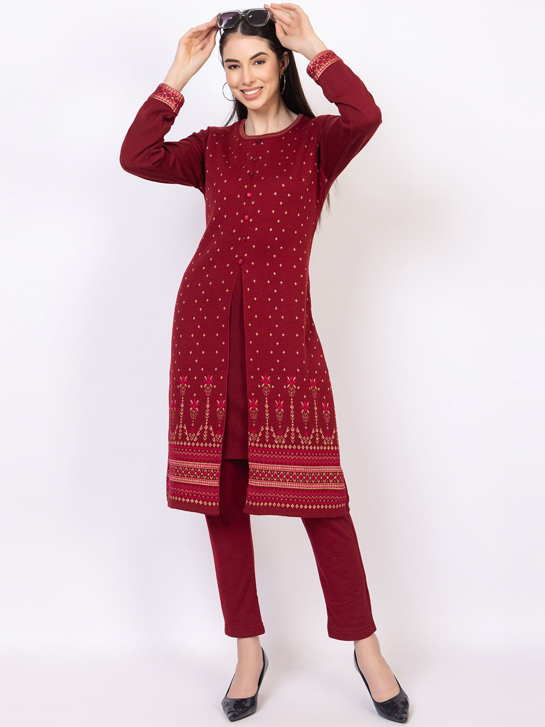 

Anouk Maroon Geometric Printed Jacquard Winter Wear Straight Kurta With Trousers