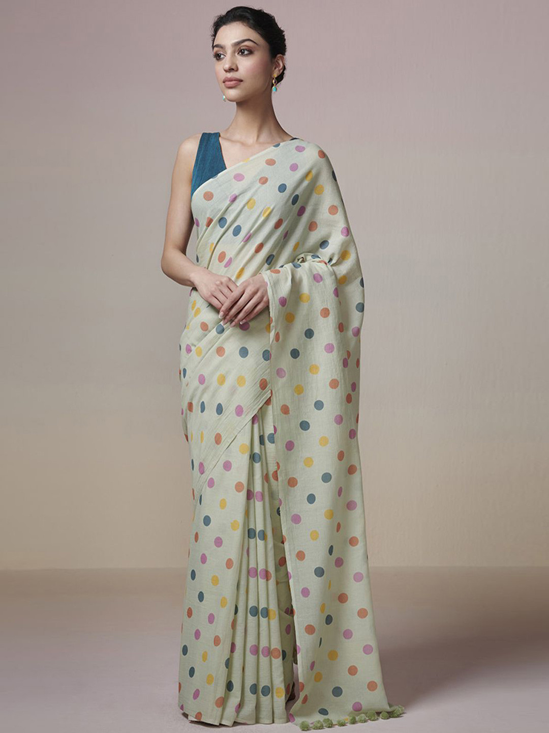 

DRESSFOLK Handloom Cotton Muti color polkas on mint green saree