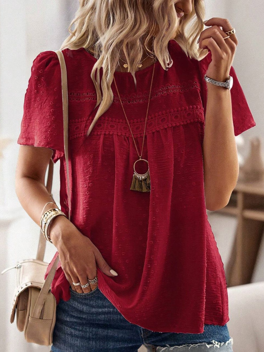 

StyleCast Women Self Design Round Neck Top, Red