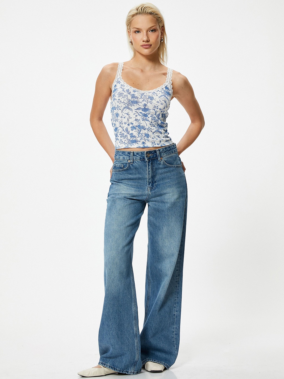 

Koton Women Floral Printed Shoulder Straps Cotton Top, Blue