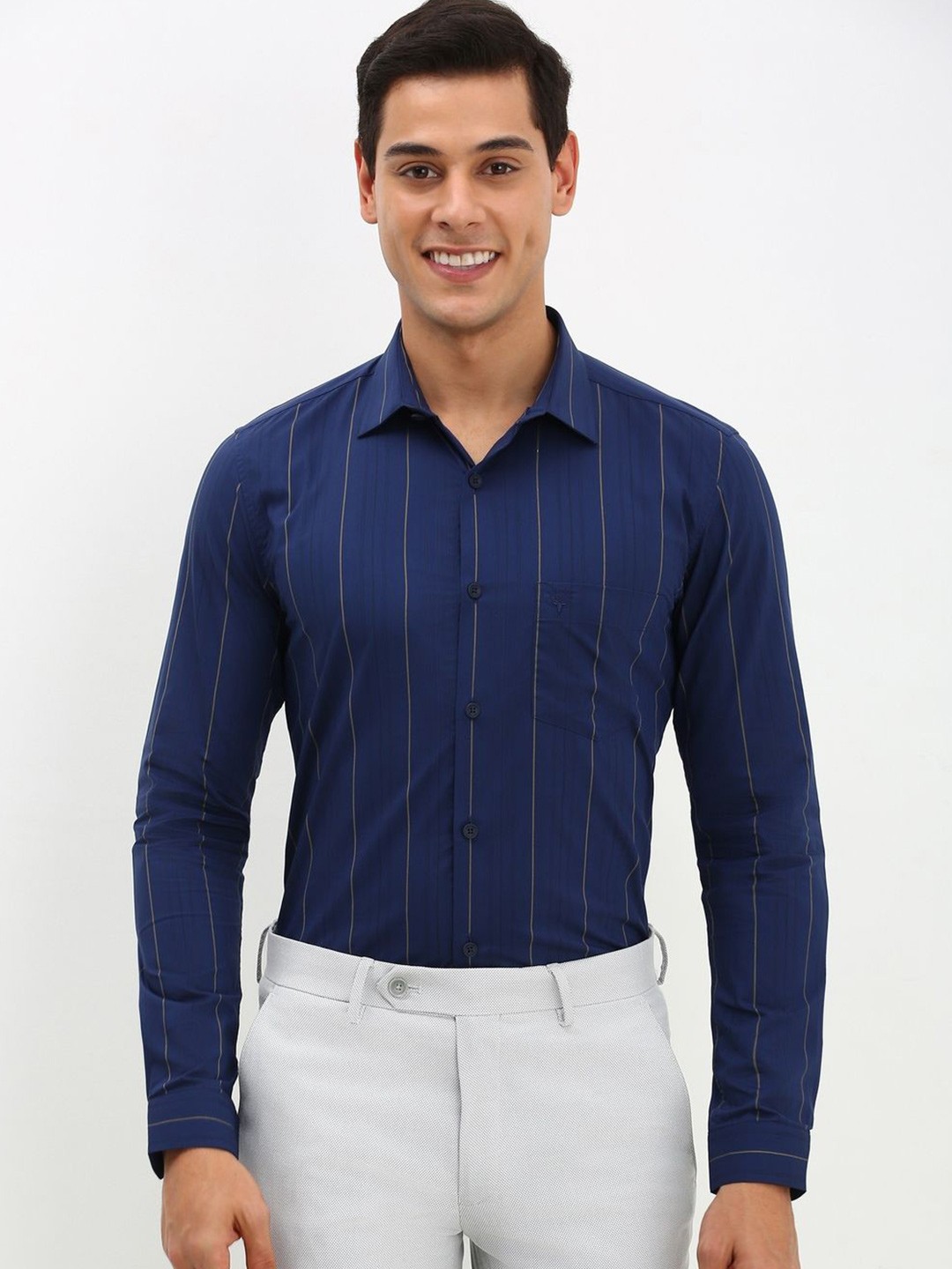 

Allen Solly Men Slim Fit Opaque Striped Formal Pure Cotton Shirt, Navy blue