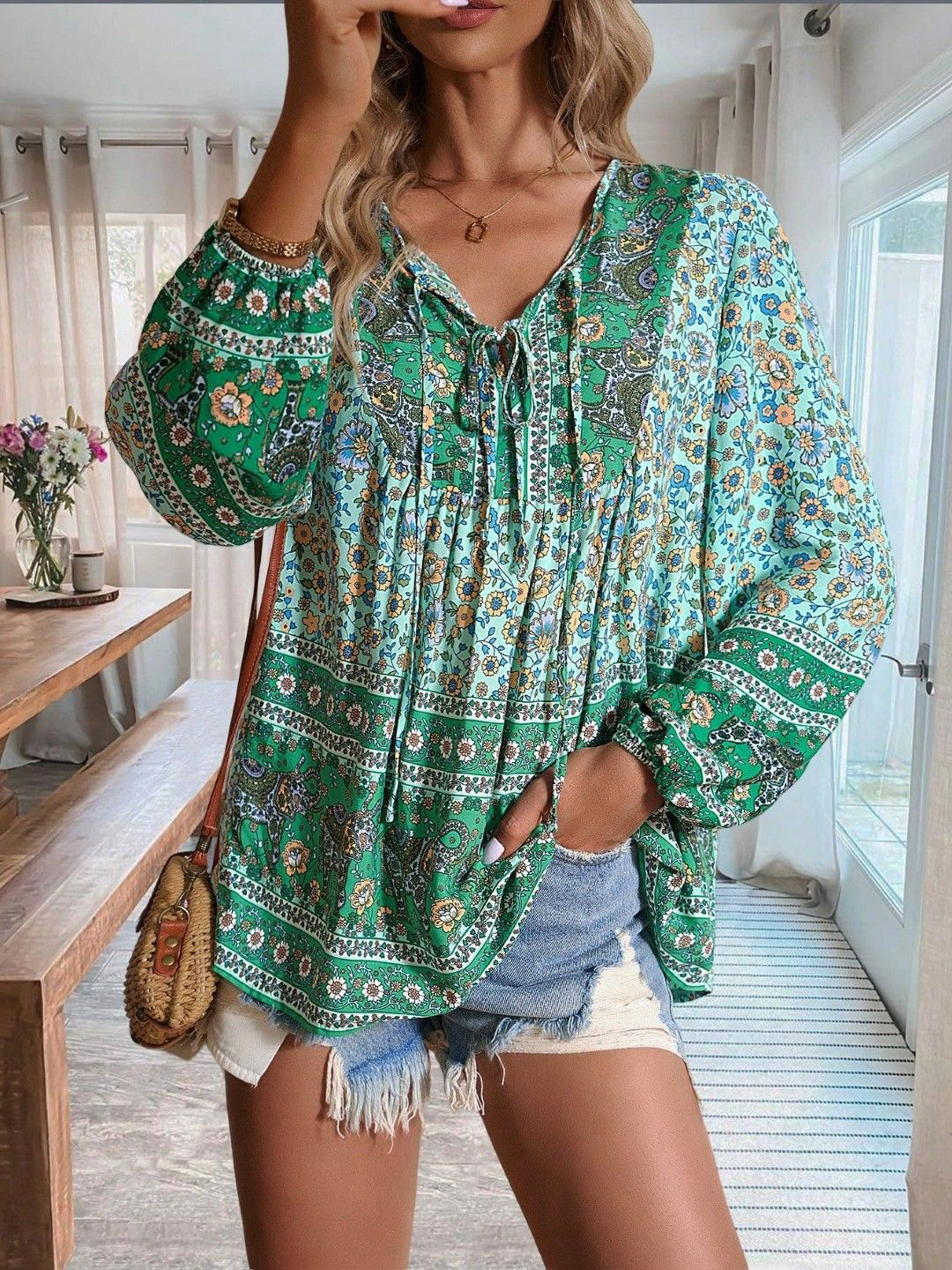 

StyleCast Women Floral Printed Tie-Up Neck Top, Green