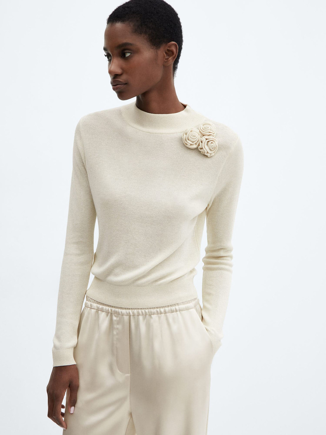 

MANGO Lurex Floral Applique Pullover, Beige