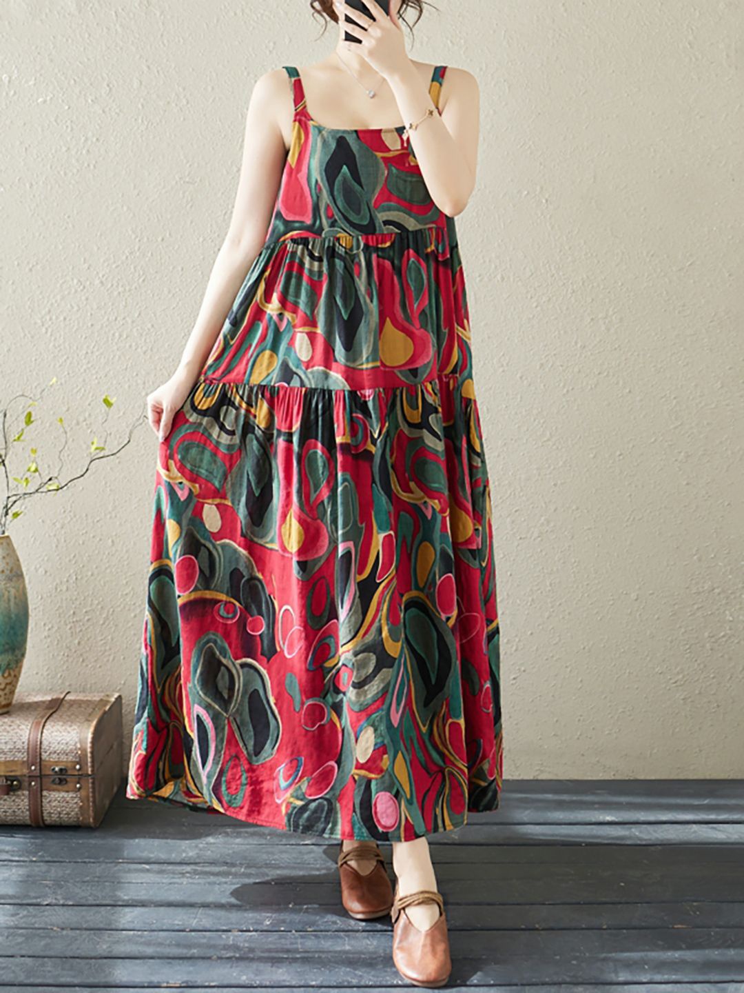 

JC Mode Printed Shoulder Straps Maxi Dress, Red