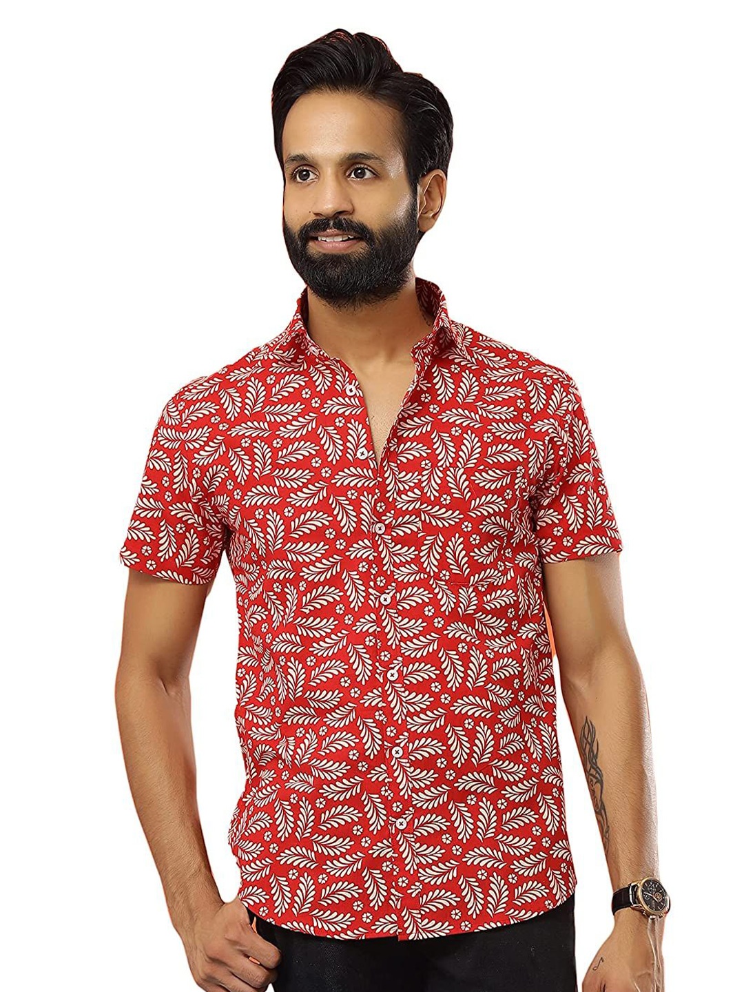 

SAY Men Classic Tropical Printed Cotton Casual Shirt, Red