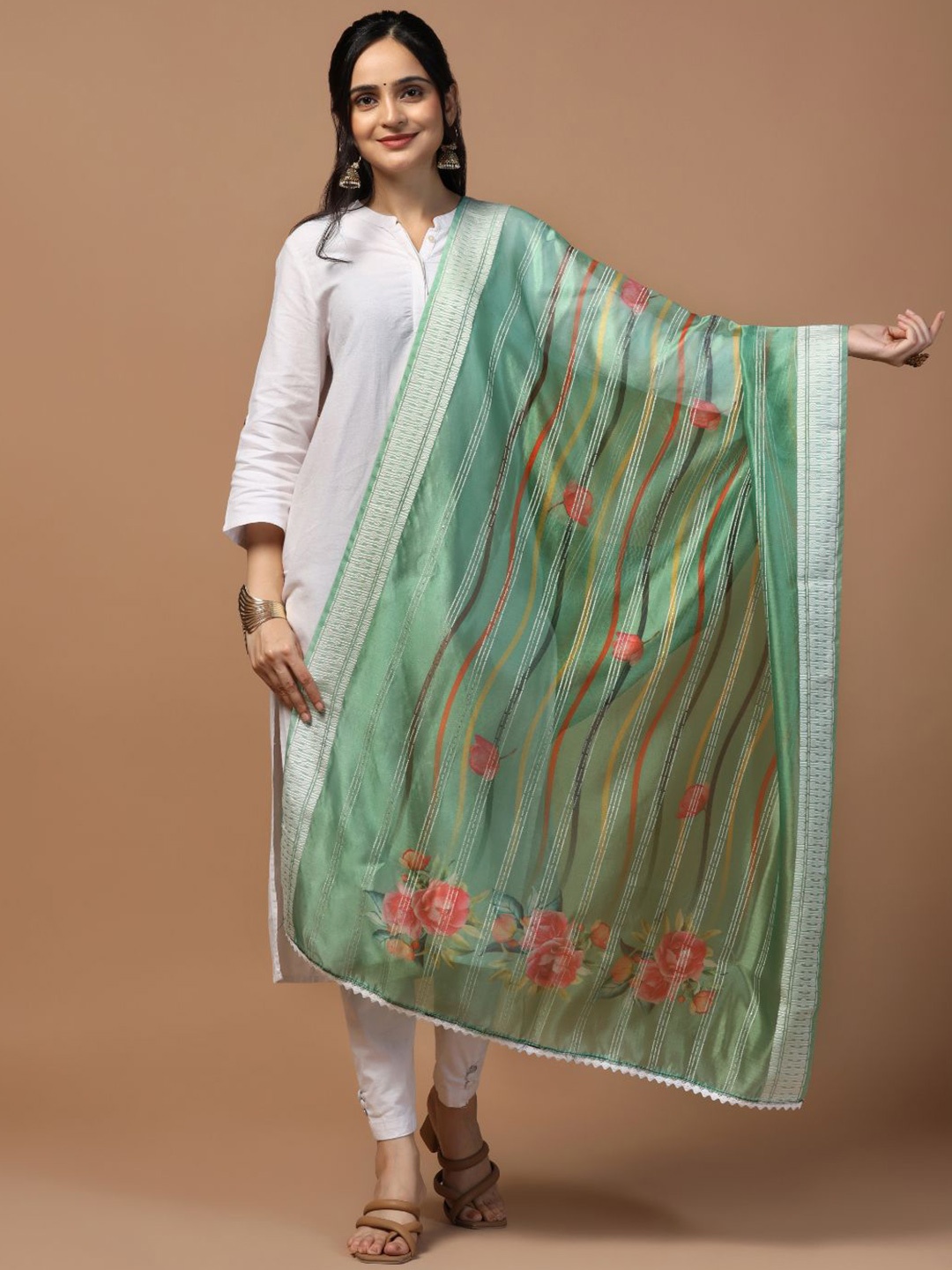 

Kaizen TEXO FAB Floral Printed Sequinned Organza Dupatta, Olive